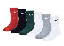 6 Pairs Nike Crew White Red Green Grey Black Socks Boys Size 5-7 XS