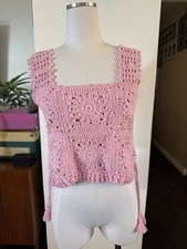 Handmade Crochet Pink Granny Square Tank Top  Crop Shirt Boho Cute Cottage Core