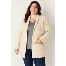 J Jill Cream Beige Tan Check Sweater Open Cardigan Coatigan Jacket 2X