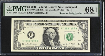 #ad Fancy Repeater Serial Number One dollar 1$ PMG 68 EPQ GEM UNC 2021 $200.00