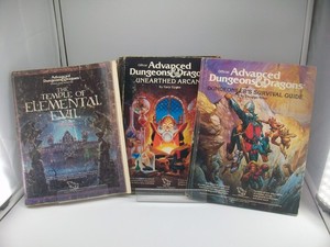 3 Well Loved D&D books Unearthed Arcana, Survival guide, Temple of Element. Evil