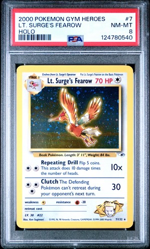 2000 POKEMON GYM HEROES HOLO #7 LT. SURGE'S FEAROW PSA 8