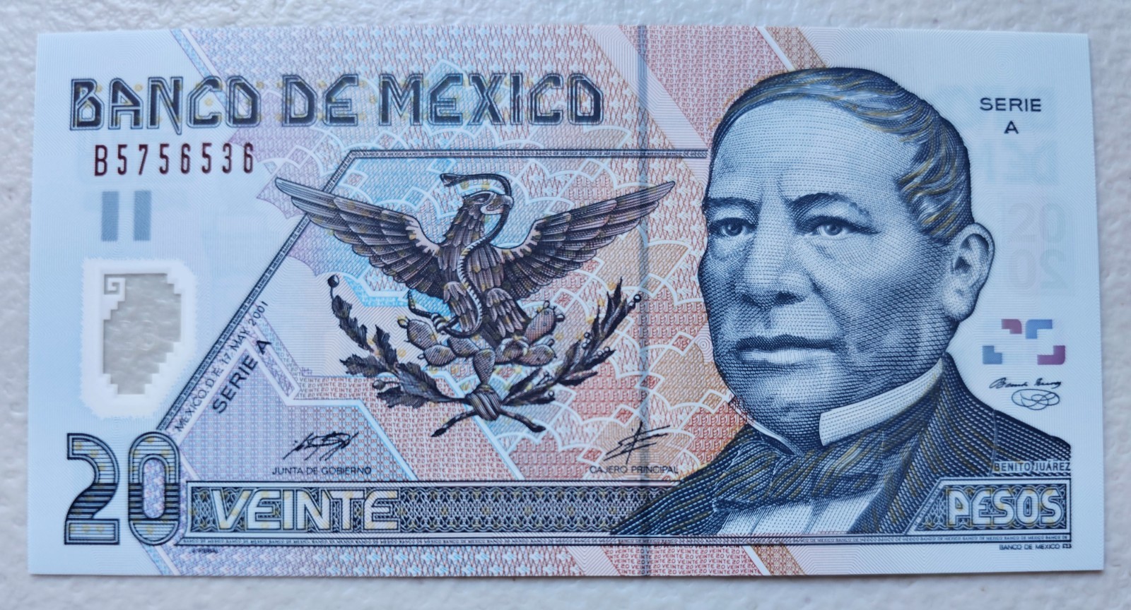 Mexico 20 Pesos 2001 Series A Polymer Unc