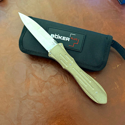 Boker Atropos Liner Lock Knife Tan Micarta (4.1'' Satin) with pouch
