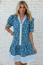 Floral Ruffle Stripe Trim Short Sleeve Buttoned Dress