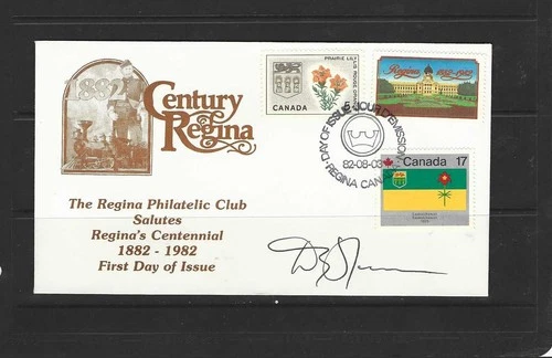 Canada  #967 FDC Regina Centenary combo with flag and floral signed by painter