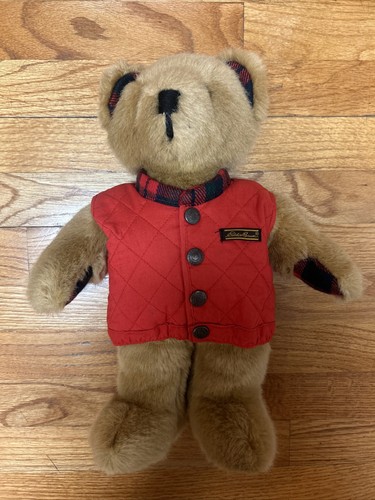 Vintage Eddie Bauer Plush Teddy Bear in Red Quilted Vest Retro Outdoors Vibe - Picture 1 of 2