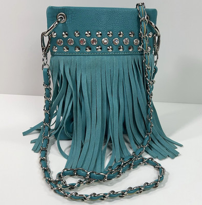 APT 9 Faux Leather Studded Fringe Crossbody Bag Braided Chain Link Teal Western