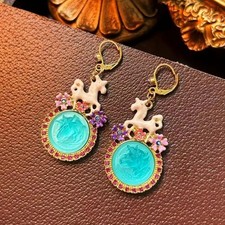 Beautiful Aqua Glass Unicorn Earrings Gold Tone, Enamel, Rhinestones