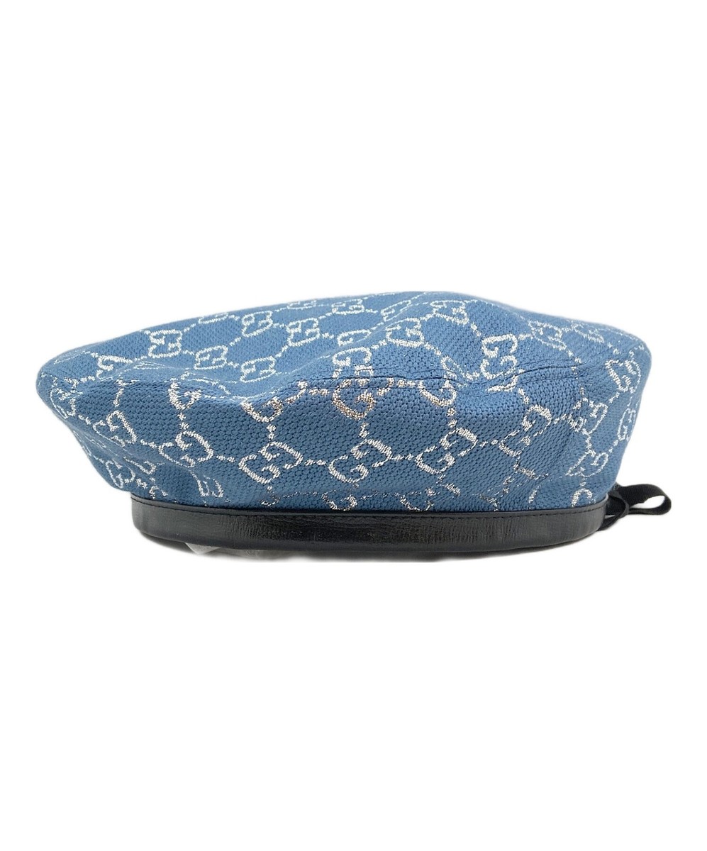 Auth GUCCI GG Glitter Beret Hat 603409 Blue Logo Wool Nylon Ladies