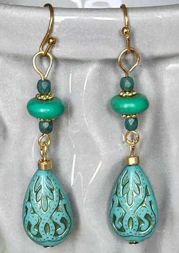 Gold, Turquoise and Vintage Etched Blue Teardrop Earrings. - Picture 2 of 3
