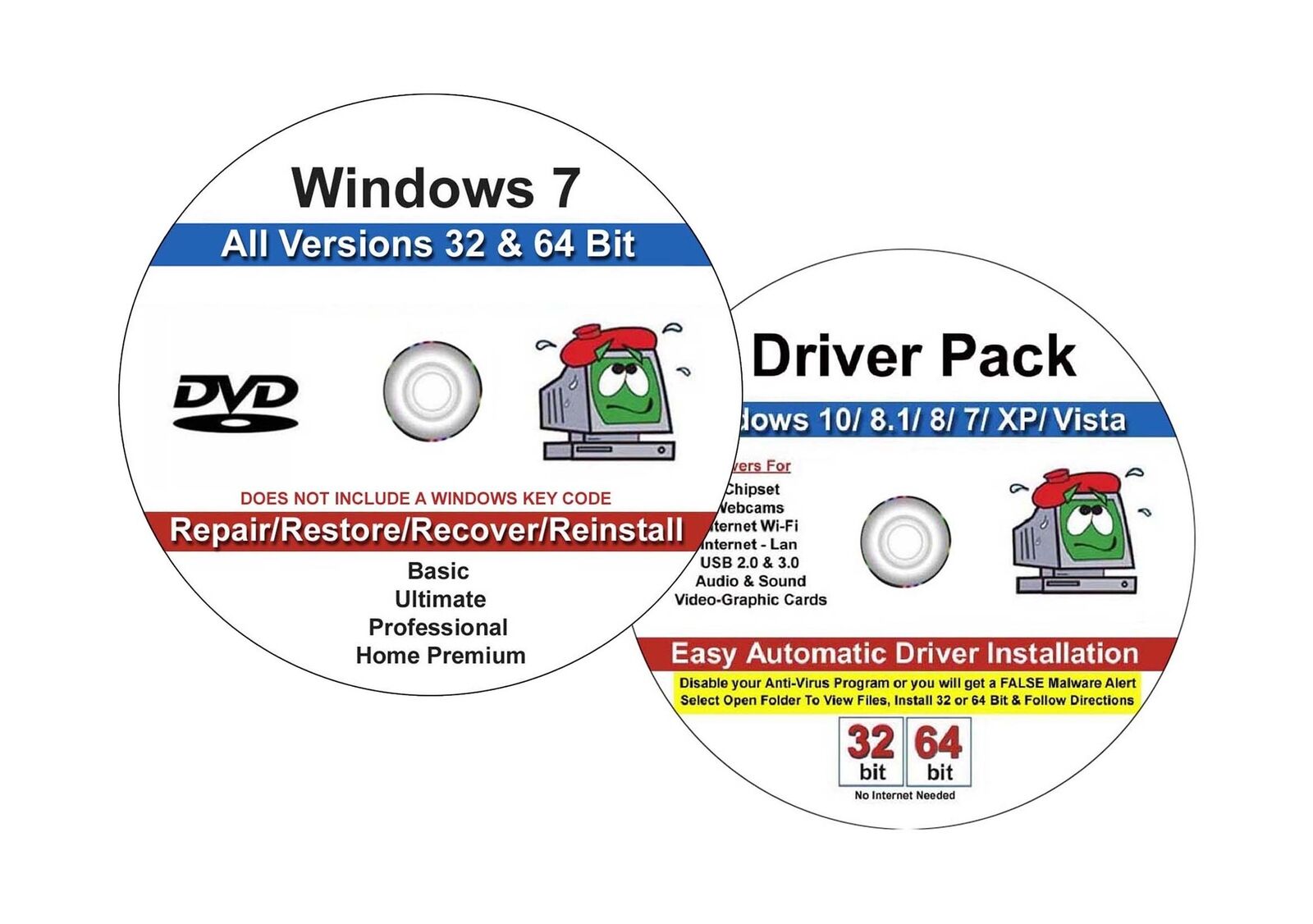 Windows 7 All Versions Repair Recover Restore Re-Install 32/64 Bit Dvd Plus  D... | Ebay