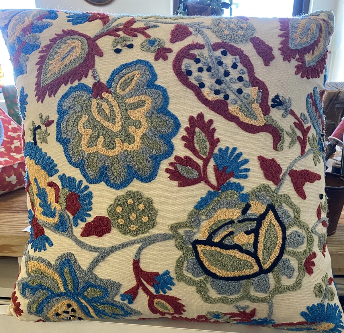 PIER 1 Embroidered Throw Pillow Cover Only Rust Gold Blue 18x18