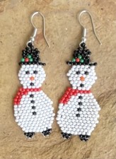 Christmas Snowman Seed Bead Beaded Earrings Boho Dangle 2 1/2" Long