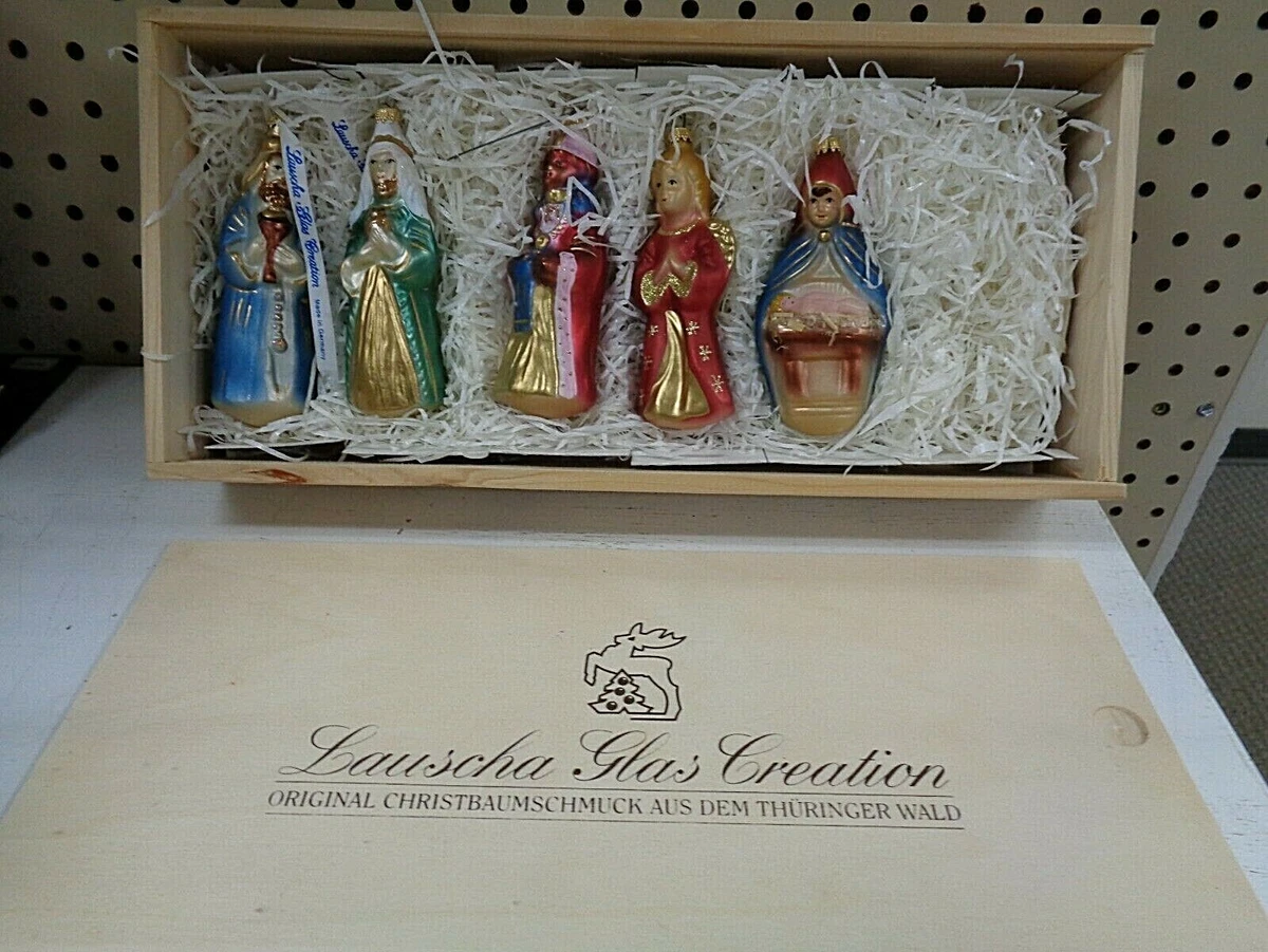 5 different German Glass Ornaments Mary angel 3 wise men Wood Box