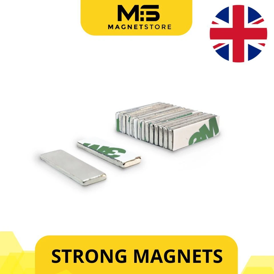 MAGNET STORE LIMITED Strong Magnets 20x6x1.5mm 3M Adhesive Neodymium Block magnet N42 Bar 1.26KG Pull