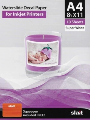 Slait Inkjet Waterslide Decal Paper WHITE - A4 8.5x11 60 Sheets w/Free Squeegee - Image 1 of 4