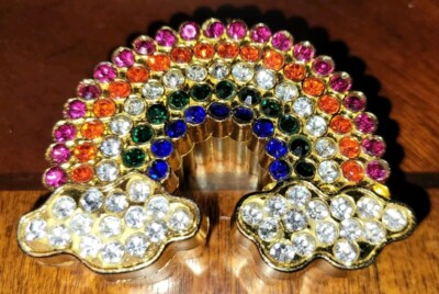 Rainbow Trinket Box Gold New Yellow Enamel and Crystal