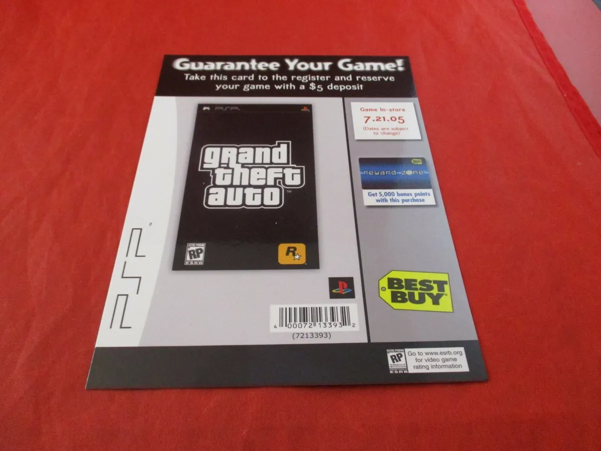 Konkurrence modtagende Laboratorium Grand Theft Auto Sony PSP Best Buy &#034;Guarantee Your Game&#034; Reserv.  Display Card | eBay