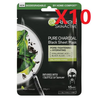 10X Garnier Skin Active Pure Charcoal Tissue Mask Black Algae (10 sheets)