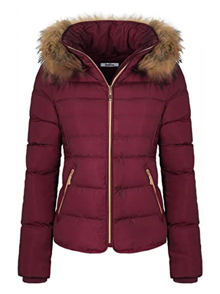 Women Winter Quilted Puffer Coat Fleece Lined Warm Jacket with Faux Fur Hood - Image 3 of 4