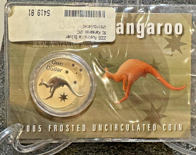 #ad AUSTRALIA 1 Dollar 2005 Silver 1oz. Frosted BU #x27;Kangaroo#x27; In Display Card $150.00