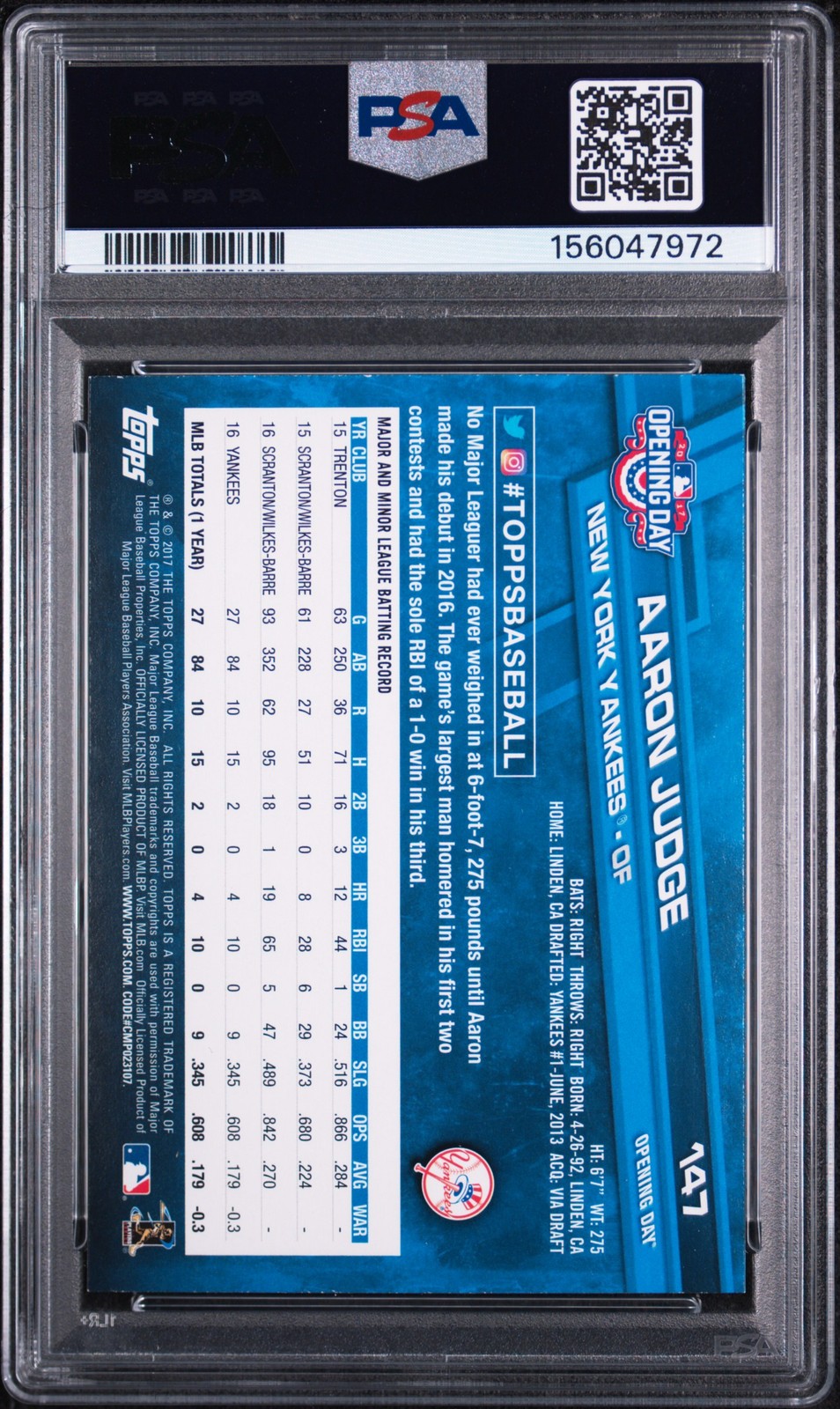 2017 TOPPS OPENING DAY PURPLE FOIL #147 AARON JUDGE ROOKIE RC PSA 8 view 2