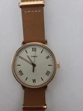 Timex Analog Quartz Watch Tan Leather Rose Gold Tone New Battery Working