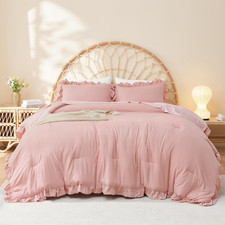 Full Size Comforter Sets, 3 Pieces Blush Pink Ruffle Girls Women Cute Bedding Co