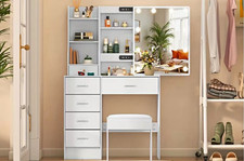 White Dressing Table Lighted Rectangular Mirror, 5 Drawers, 4 Shelves, Stool