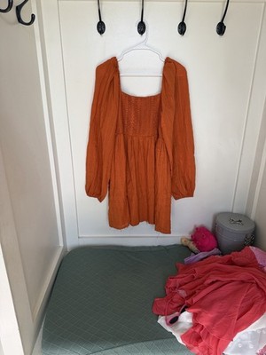 Boho  Orange Long Sleeve Square Neck Short A-Line Dress Size M