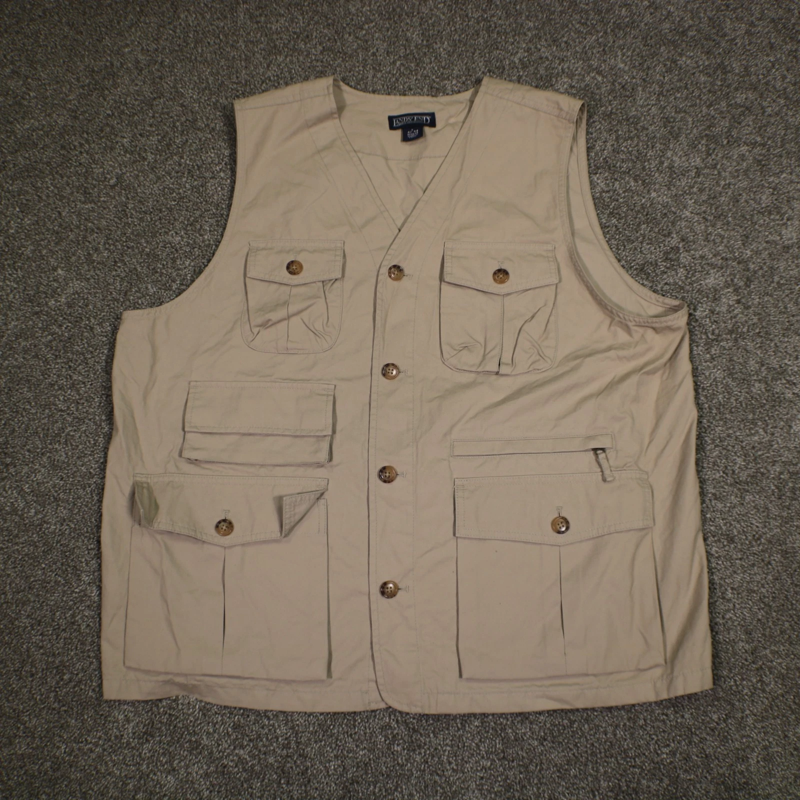 Lands End Guide Safari Vest Mens L 42-44 Tan Cargo Pockets Fishing Hunting Wear