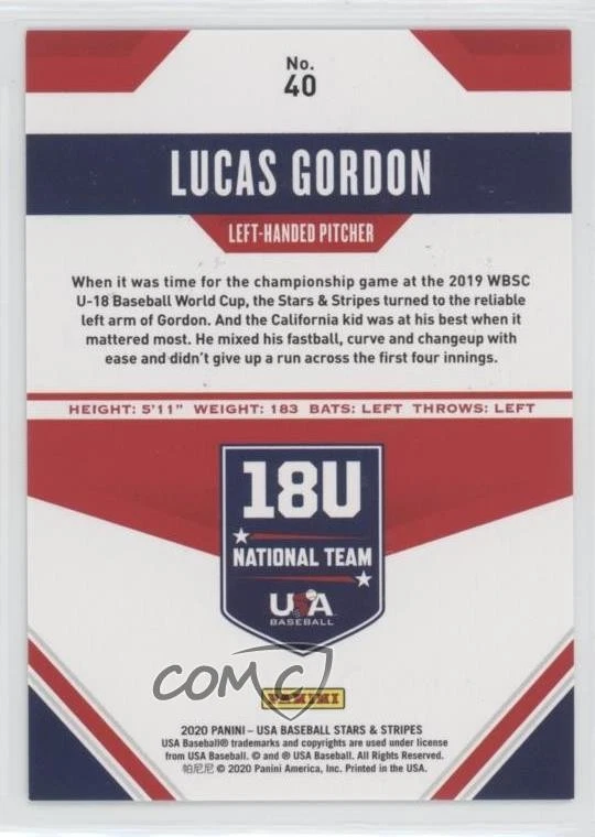 2020 Panini USA Baseball Stars & Stripes 20/25 Lucas Gordon #40 10ip - Image 2 of 3