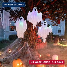 3 Pcs 31.5" Light Up White Hanging Ghost: Flying Ghosts with LED Lights Cute Dec