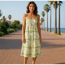 Sweet Wanderer Green Beige Boho Floral Print Tiered Maxi Dress Bow Strap Medium