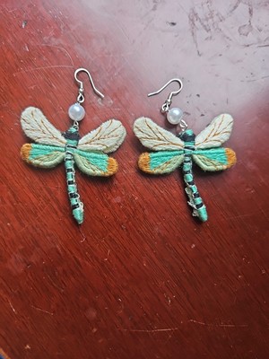 Embroidered Dragonfly Earrings with Faux Pearl Accent