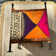 Candle holder Vintage Stretched Skin Square Painted ethnic tribal metal pink 