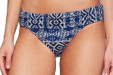 New La Blanca Indigo Print Shirred Hipster Bikini Bottom Womens 12 Blue White
