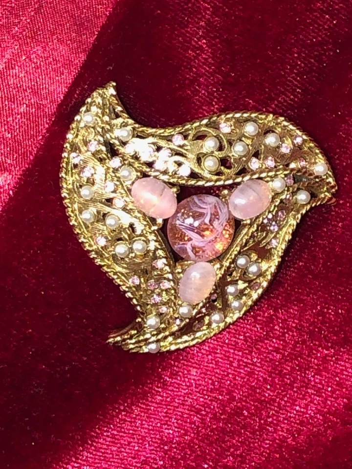 PIN BROCHE ORO OSCAR DE LA RENTA JOYAS INCRUSTADAS PERLAS VIDRIO GRIPOIX ANTIGUO Foto 2 de 4