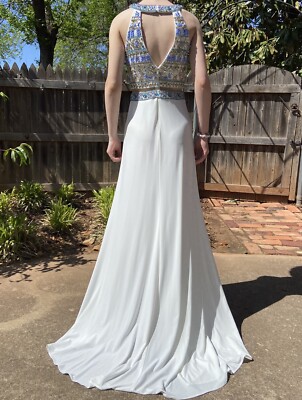 navy blue dress for baby girl 2 Pieces Backless White Blue Lace Prom Dresses, Two Pieces Open Back B –  jbydress main image 0