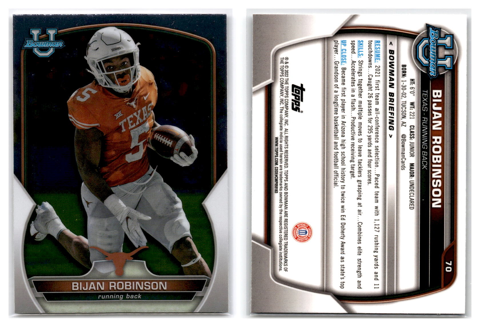 2022 Bowman U Chrome #70 Bijan Robinson - Texas