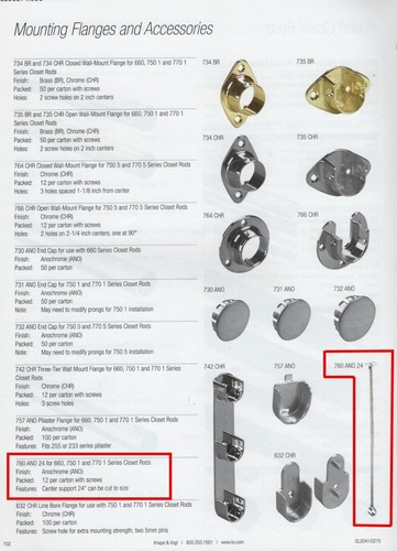 KV #760NP CLOSET HANGROD CENTER SUPPORT, STEEL, 24" LENGTH, BRIGHT NICKEL-PLATED - Picture 4 of 4