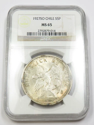 1927 NGC MS65 CHILE - Silver Cinco Pesos - 5P Coin #33908A