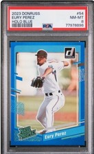  Eury Perez  2023 Donruss #54 Rated Prospect Holo Blue Miami Marlins MINT PSA 8