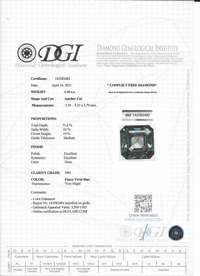 Fancy Blue Diamond Loose Asscher Shape 1.10 Carat VS1 Natural Enhanced Polished - Image 3 of 4