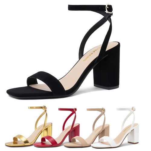 Women's Chunky Block Heels Square Open Toe Strappy Ankle Straps Heeled Sandals
