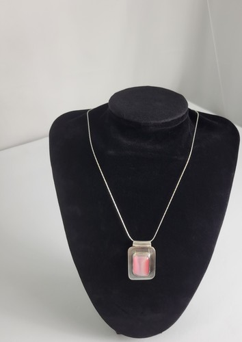 925 Sterling Mexico Square Pink Stone Pendant On 16" 925 Italian Made Chain - Picture 6 of 11