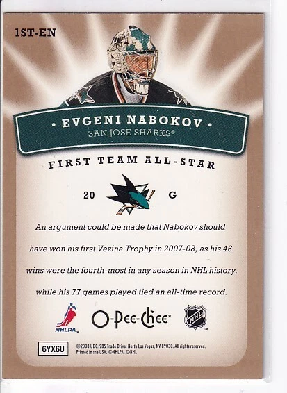 2008-09 O-Pee-Chee 1st Team All-Stars #1ST-EN Evgeni Nabokov San Jose Sharks - Image 2 of 2