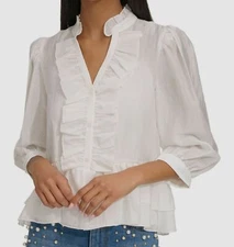 Karl Lagerfeld Women White V-Neck Ruffle-Front Button-up Blouse Top Size XS
