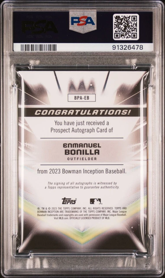 Enmanuel Bonilla 2023 Bowman Inception GOLD AUTO /50 PSA 9/auto 10 Pop 1 - Image 2 of 3